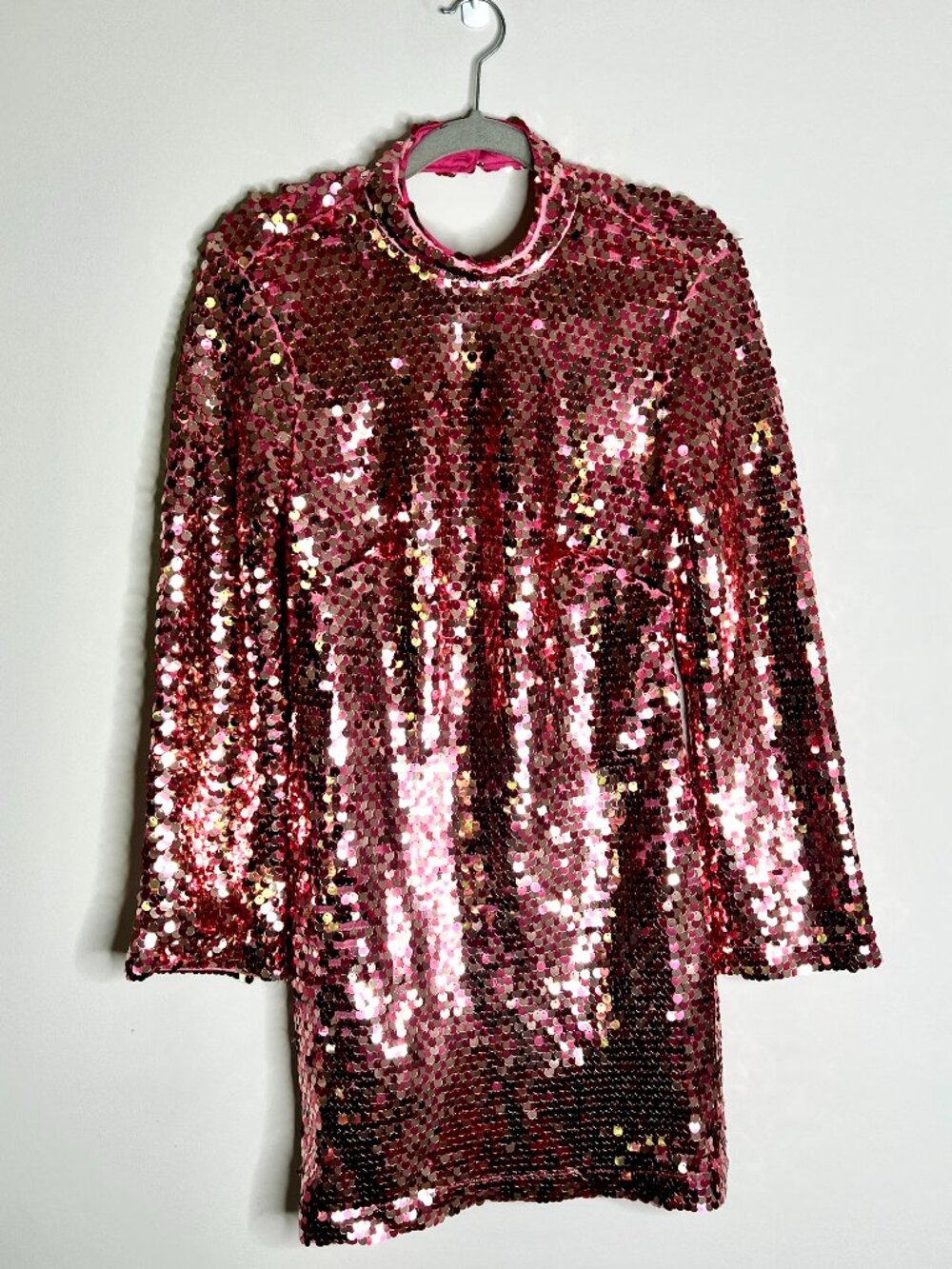 Maeve Anthropologie Pink Long-Sleeve Mock-Neck Sequin Mini Dress Party Festive S - Picture 4 of 7